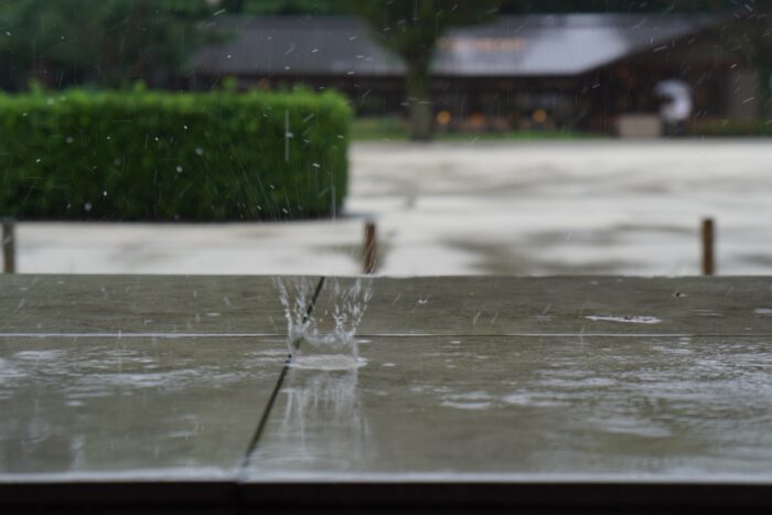 雨で濡れたマンション共用部