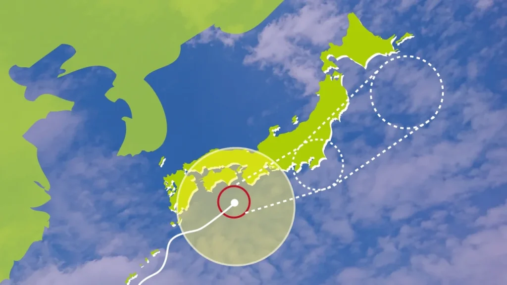 日本列島と台風の進路を示したイメージ
