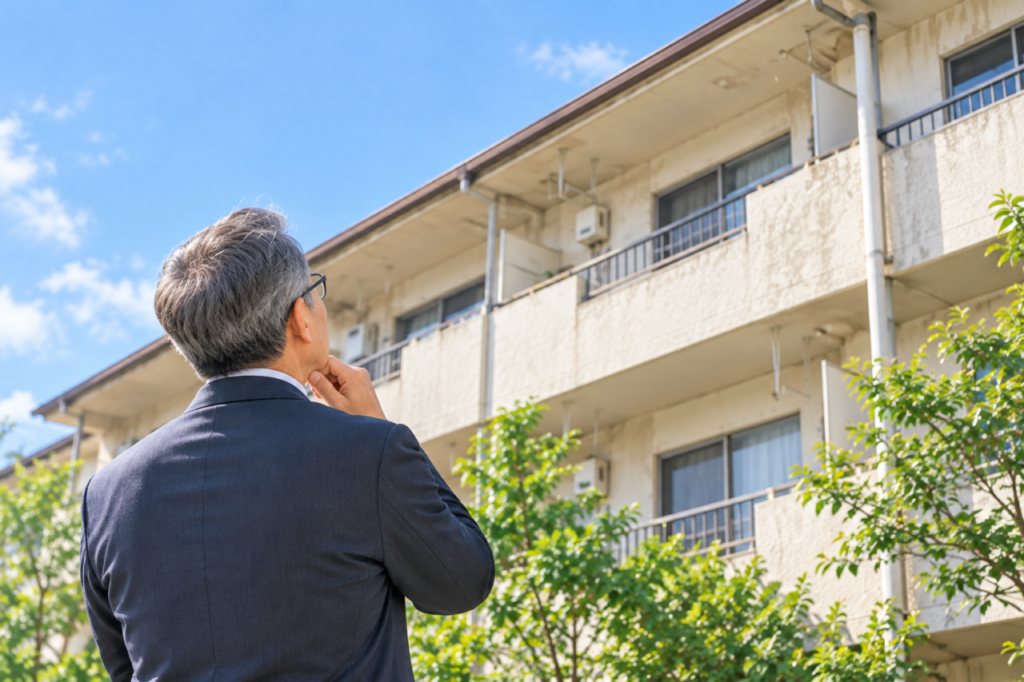 築年数を重ねたマンションを見上げる男性